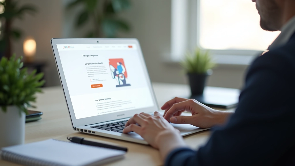 Profissional a trabalhar em design de landing page no computador, ambiente de trabalho moderno com ecrã de laptop
