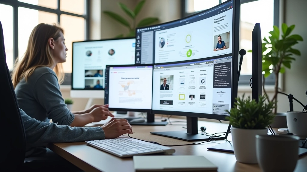 Estúdio de design com múltiplos ecrãs mostrando layouts de landing page e análise de conversão